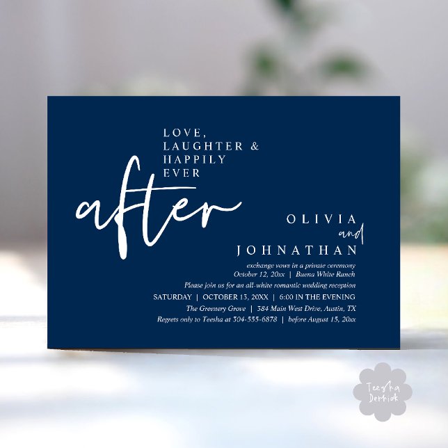 Liebe, Lachen und glücklich immer nach dem Empfang Einladung (Love, Laughter And Happily Ever After Reception Modern Minimalist Invitation Card PDF Navy Blue)
