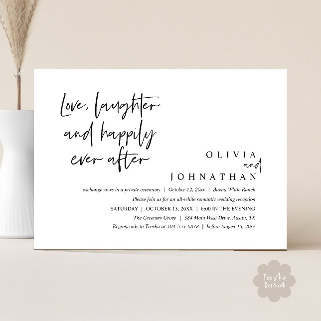 Liebe, Lachen und glücklich immer nach dem Empfang Einladung (Love, Laughter And Happily Ever After Reception Modern Minimalist Invitation Card PDF Black White)