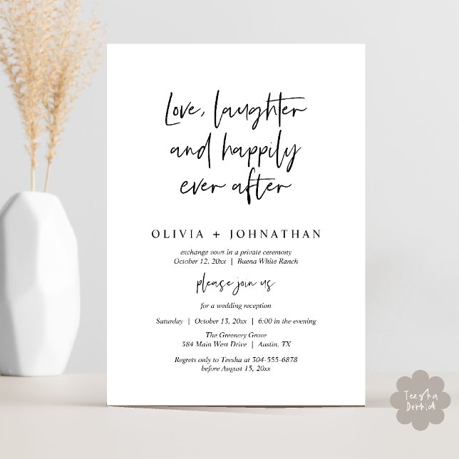 Liebe, Lachen und glücklich immer nach dem Empfang Einladung (Love, Laughter And Happily Ever After Reception Modern Minimalist Invitation Card PDF Black White)