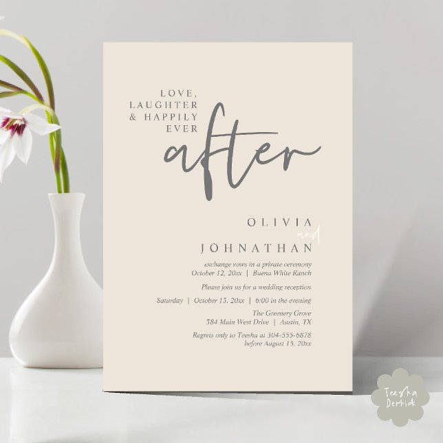 Liebe, Lachen und glücklich immer nach dem Empfang Einladung (Love, Laughter And Happily Ever After Reception Modern Minimalist Invitation Card PDF Cream Grey)