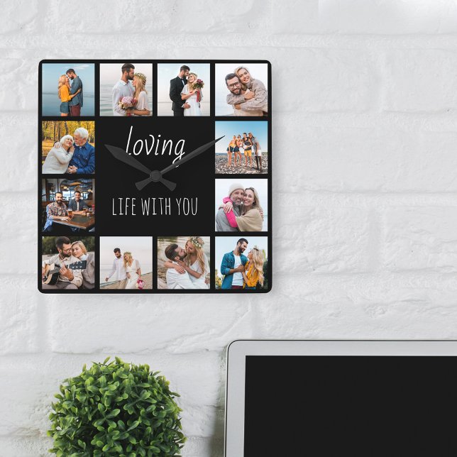 Liebe Leben mit Ihnen Zitat 12 Foto Schwarz Quadratische Wanduhr (Photo Clock - perfect for wedding anniversary, newlyweds and happy families)