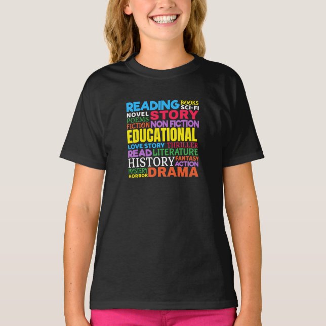 Liebe Lesen von Büchern - Genre Word Art T-Shirt (Vorderseite)