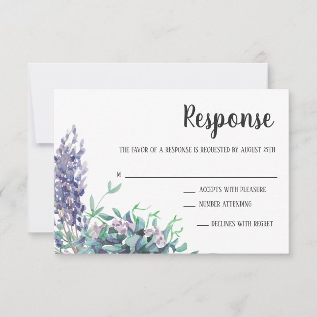 Liebe Levene Floral Eukalyptus Lila Reaktion RSVP Karte (Vorderseite)