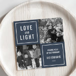 Liebe & Licht Modernes Hanukkah-Foto Feiertagskarte<br><div class="desc">Zeige deine quadratischen Fotos in dieser einfachen,  modernen Hanukkah-Fotokarte ab. Das Design besteht aus vier quadratischen Layouts mit blauem Hintergrund und "Liebe und Licht" in modernen weißen Blockbuchstaben. Verwenden Sie die zwei anpassbaren Textfelder,  um einen benutzerdefinierten Gruß und Ihren Familiennamen hinzuzufügen. Fotografie © Storytree Studios,  Stanford,  CA</div>