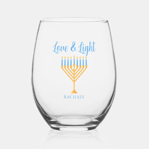 Liebe & Licht Personalisiertes Hanukkah-Menora-Ges Weinglas Ohne Stiel