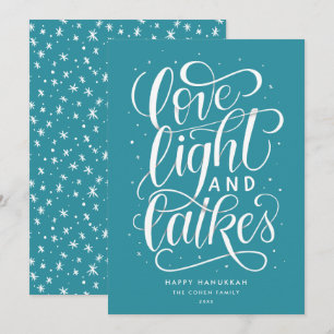 Liebe Licht und Latkes zum teal Chanukka Feiertagskarte