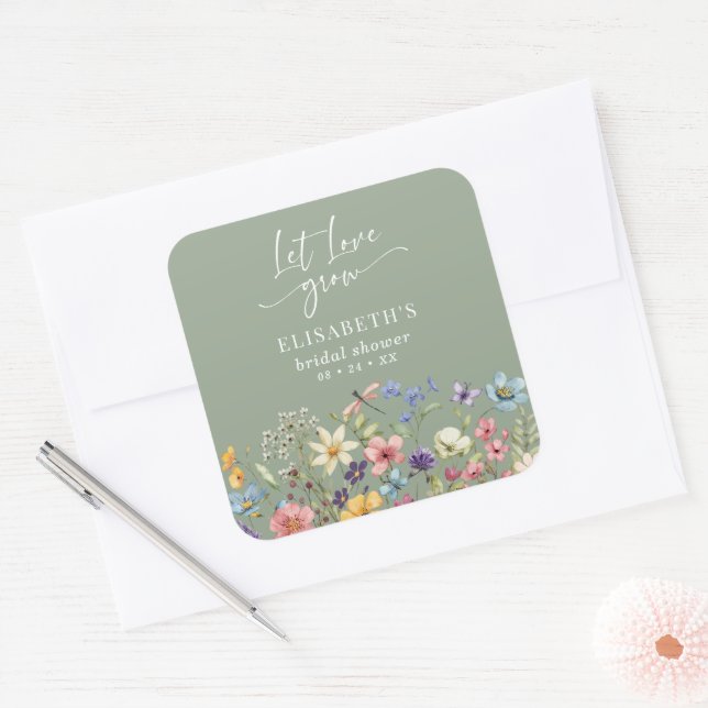 Liebe Liebe Grow Sage Green Wildblume Brautparty Quadratischer Aufkleber (Umschlag)
