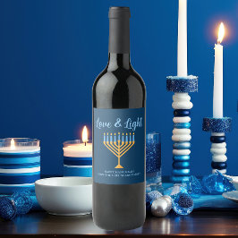 Liebe & Light Blue Gold Menorah Hanukkah Party Weinetikett