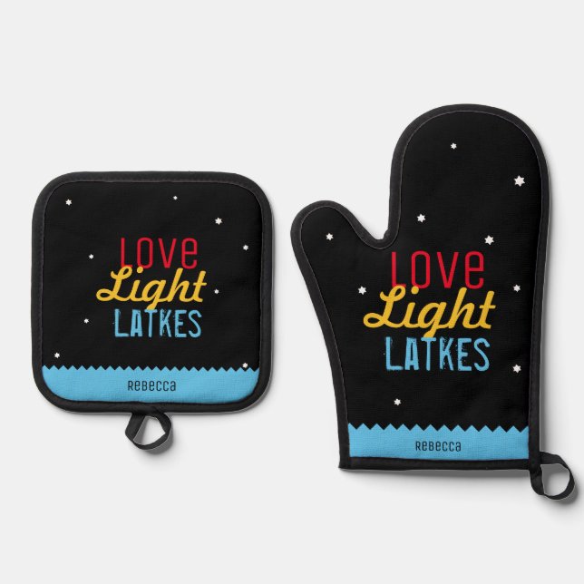 Liebe Light Latkes Black Hanukkah Funny Zitat Ofenhandschuh & Topflappen-Set (Vorderseite)