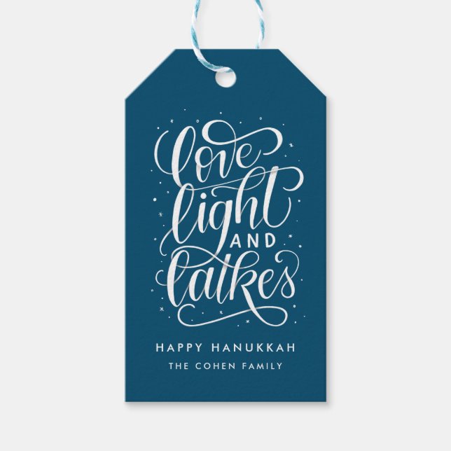 Liebe Light und Latkes auf Blue Hanukkah Geschenkanhänger (Vorderseite)