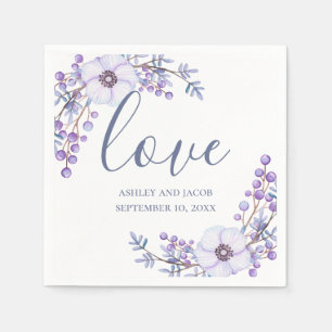 Liebe. Lila Blumen. Flieder Floral Schrift Hochzei Serviette