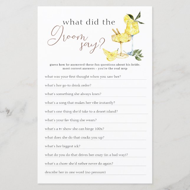 Liebe Limoncello Cocktail Brautparty Spiel (Vorderseite)