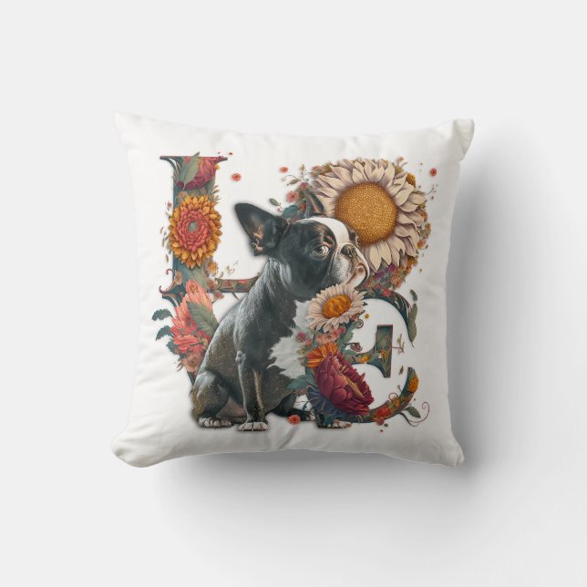 LIEBE Made of Boston Terrier Sonnenblumen Wildblum Kissen (Vorderseite)