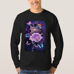 Liebe Magische Katze Violette Rosen Blume Schmette T-Shirt