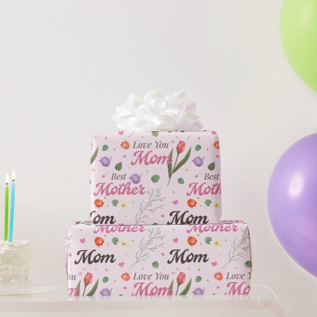Liebe Mama Beste Mutter Florale Typografie Muster Geschenkpapier (Partygeschenke)