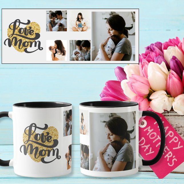 Liebe Mama Goldherz mit 5 Fotos Tasse (Love Mom gold heart with 5 Custom Photos Mug)
