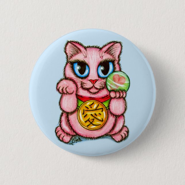 LIEBE Maneki Neko viel Glück-Katzen-niedlicher Button (Vorderseite)