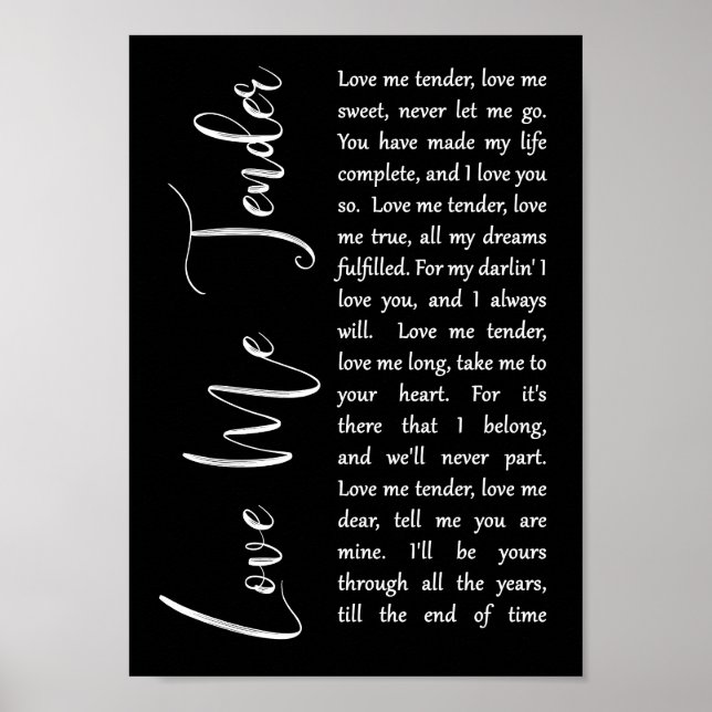 Liebe Me Tender Black Script Song Lyric Print Poster (Vorne)