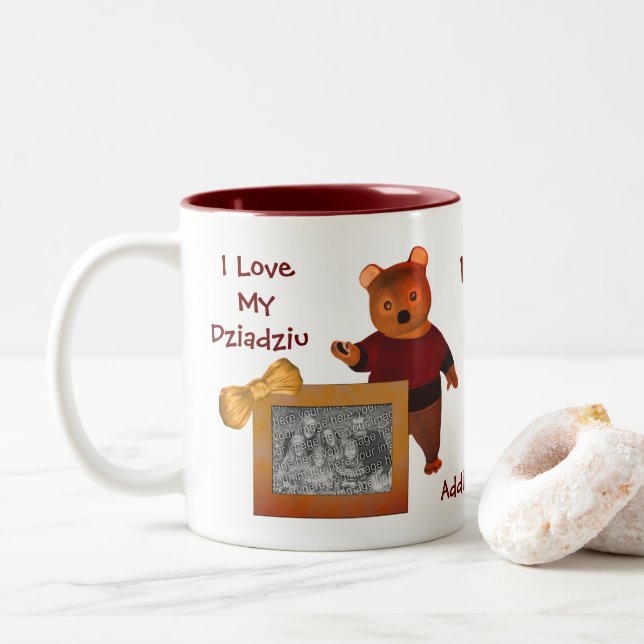 Liebe Mein Dziadziu Niedlicher Bär Polnischer Groß Zweifarbige Tasse (Mit Donut)