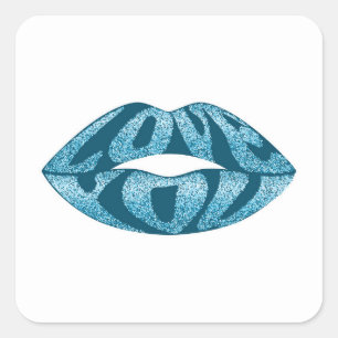 Liebe mit Glitzer-Buchstaben in Lippen Quadratischer Aufkleber