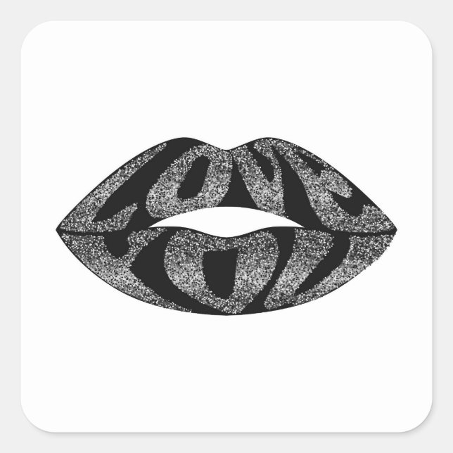 Liebe mit Glitzer-Buchstaben in Lippen Quadratischer Aufkleber (Vorderseite)