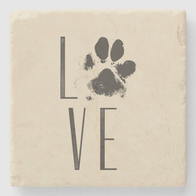 Liebe mit Pet Paw Print Brown Grunge Typografie Steinuntersetzer (Vorderseite)