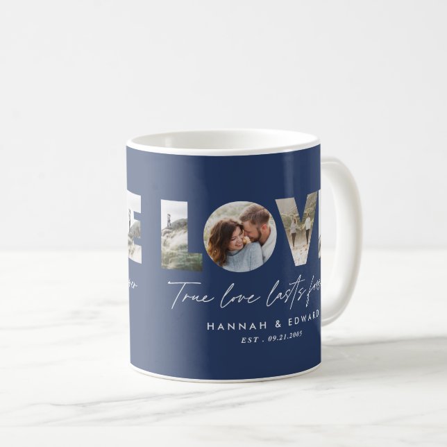 Liebe Multi-Foto modern minimalblau elegant Kaffeetasse (VorderseiteRechts)