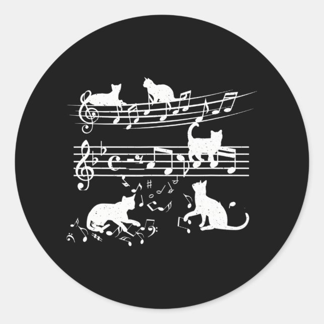 Liebe Music Piano Cat Playing on Musical Notes Runder Aufkleber (Vorderseite)