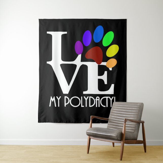 LIEBE My Polydactyl (weißer Text) Wandteppich (Beispiel)