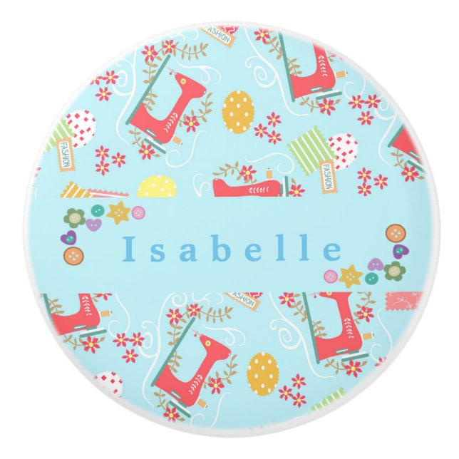 Liebe Nähmaschine blau Keramikknauf (Vorderseite)