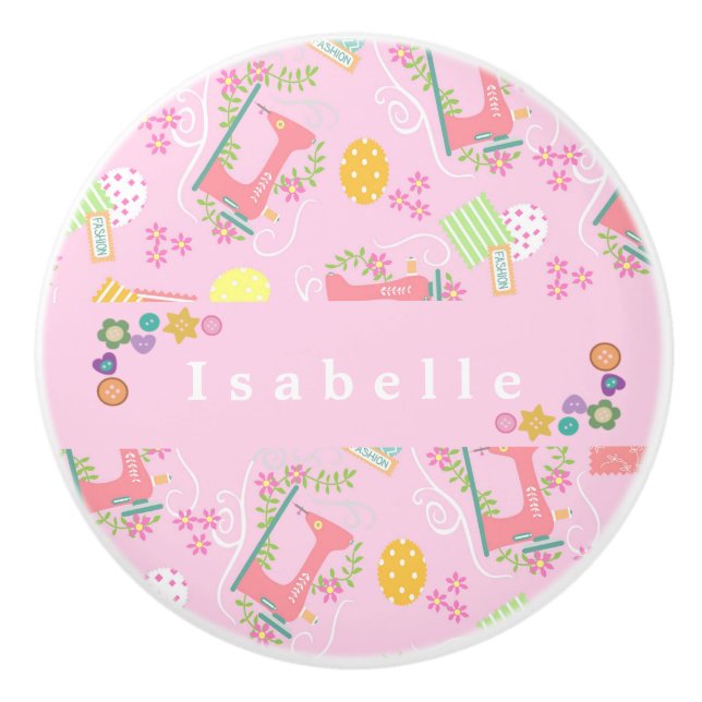 Liebe Nähmaschine rosa Keramikknauf (Vorderseite)