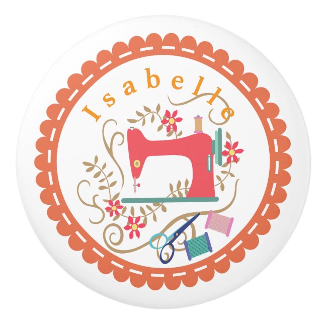 Liebe Nähmaschine Weißorange Keramikknauf (Vorderseite)