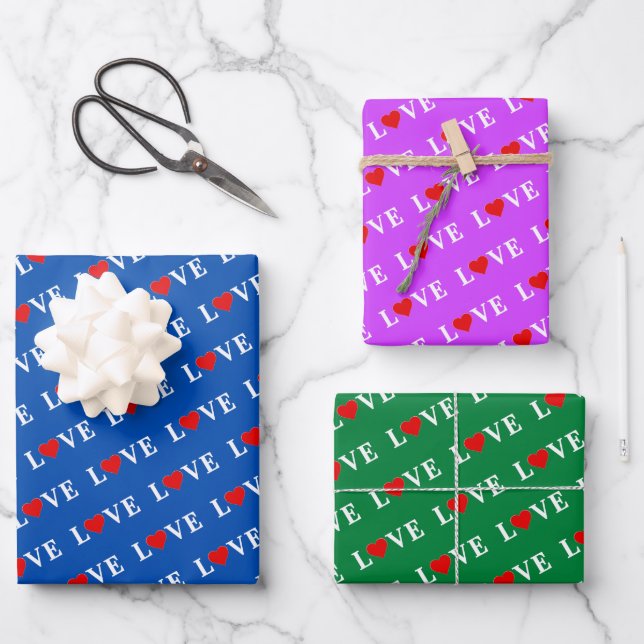 LIEBE Navy Blue Green Lila Geschenkpapier Set (Vorderseite)