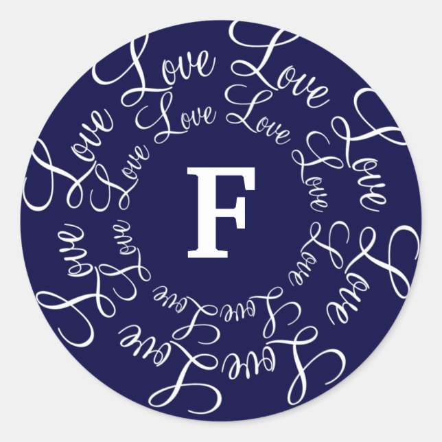Liebe Navy Blue White Monogram F-Customize Runder Aufkleber (Vorderseite)