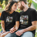 Liebe Newlyweds Wedding Foto Collage Black T-Shirt<br><div class="desc">Spezieller personalisierter Hochzeitskollage-T - Shirt für Hochzeitsfeiern, um Ihre eigenen Fotos und Erinnerungen zu zeigen. Unser Design verfügt über ein einfaches 4 Foto Collage Grid Design mit den Welten "Liebe" jeder Buchstabe aus dem Wort Liebe wird über das Foto angezeigt. Passen Sie Ihre Vornamen auf der Vorder- und Rückseite des...</div>