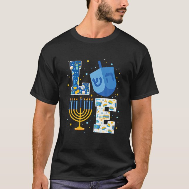 LIEBE Niedliche Hanukkah Dekorationen Dreidel T-Shirt (Vorderseite)