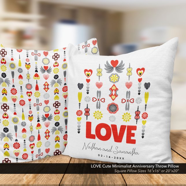 LIEBE Niedliches Minimalistisches Jubiläum Kissen (LOVE Cute Minimalist Throw Pillow with Hearts & Flowers: Customize Your Names & Anniversary Date.
)
