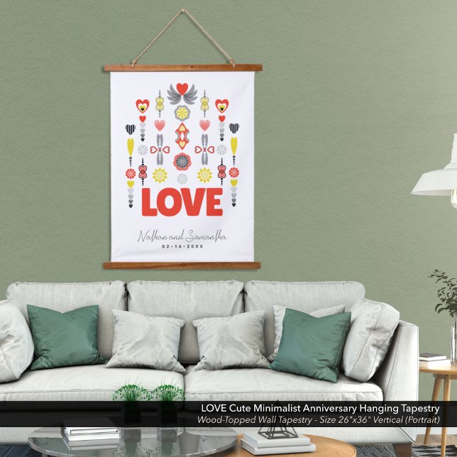 LIEBE Niedliches Minimalistisches Jubiläum Wandteppich Mit Holzrahmen (LOVE Anniversary Hanging Tapestry with Cute Minimalist Hearts and Flowers Design)