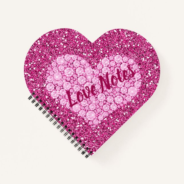 Liebe Notes Pink Diamond Heart Imitate Glitzer Notizbuch (Vorderseite)