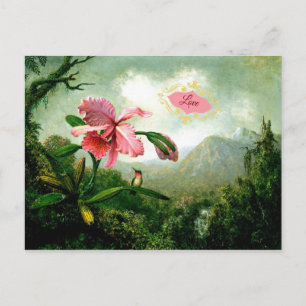 Liebe, Orchidee und Kolibri in der Nähe eines Wass Postkarte