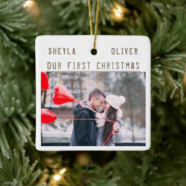 Liebe Paar 1. Weihnachts-Keepake 2 Fotos Keramikornament (Baum)