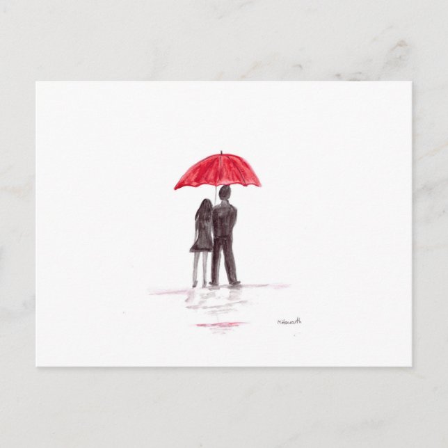 Liebe-Paar mit rotem Schirm. Postkarte (Vorderseite)