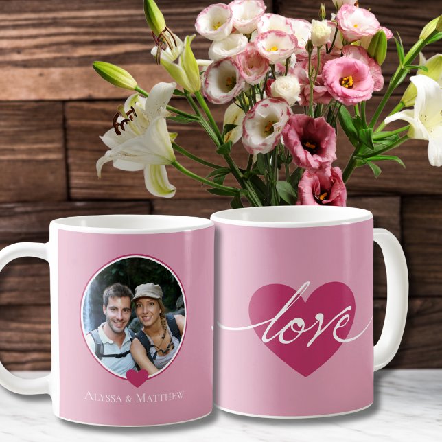 LIEBE Paare Foto Tasse (love couples photo mug for valentines day gift for wedding anniversary, pink hearts calligraphy)