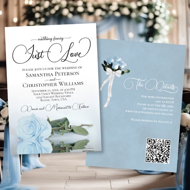 Liebe Pale Dusty Blue Rose QR Code Hochzeit Einladung (Front/Back)
