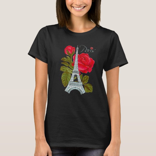 Liebe Paris Eiffelturm mit Rose Französische Liebe T-Shirt (Vorderseite)