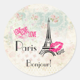 Liebe Paris mit Eiffel-Turm auf Vintagem Muster Runder Aufkleber