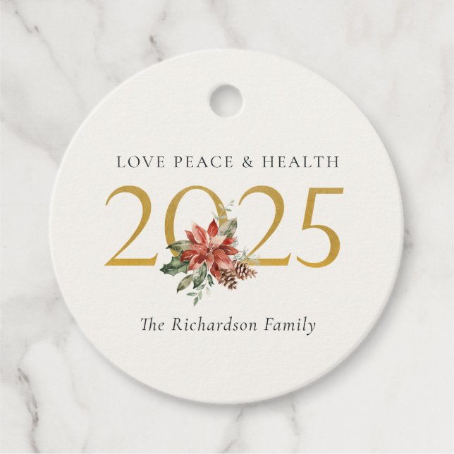 Liebe Peace Health Poinsettia Bunch Foil Gold 2023 Geschenkanhänger (Vorderseite)