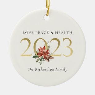 Liebe Peace Health Poinsettia Bunch Foil Gold 2023 Keramik Ornament