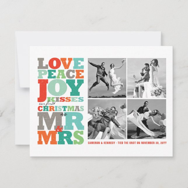 Liebe Peace Joy Kisses Mr. & Mrs. 1. Weihnachtsfes RSVP Karte (Vorderseite)