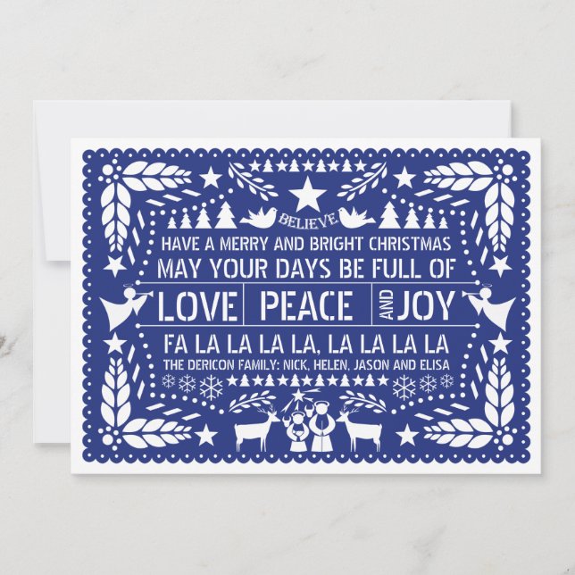 Liebe Peace, Joy Papel picado, blauer Weihnachten (Vorderseite)